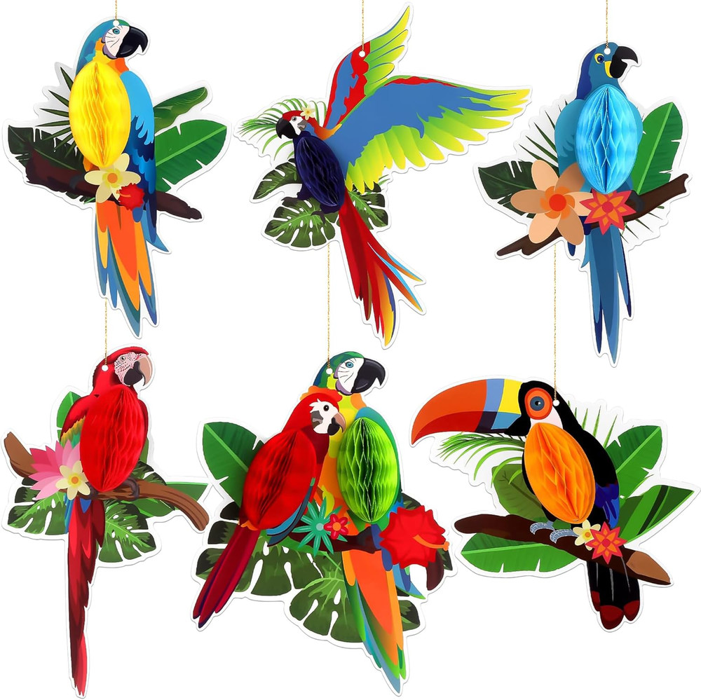6Pieces Tropical Birds Honeycomb Parrot Paper Cutouts Decorations, Hawaiian Part