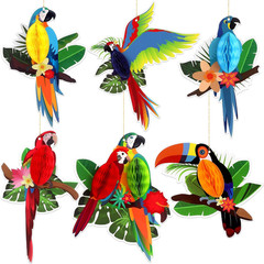 6Pieces Tropical Birds Honeycomb Parrot Paper Cutouts Decorations, Hawaiian Part
