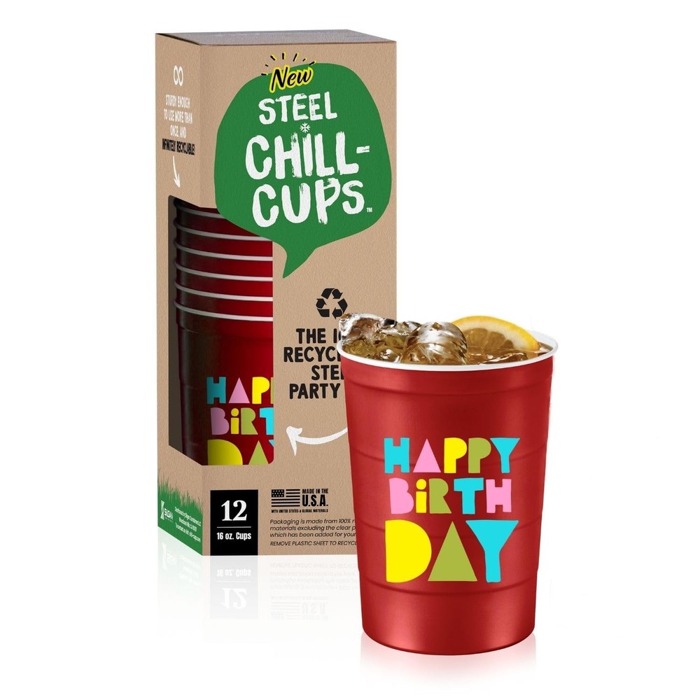 Steel Chill Cups 16 oz. Party ‘Happy 12 Count, Happy Birthday Red