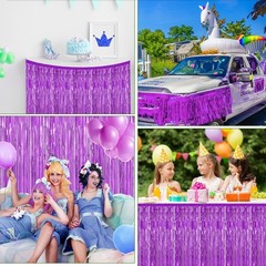 2 Pack 29.5×108 Inch Purple Foil Tinsel Fringe Table Skirts, Disposable Table…
