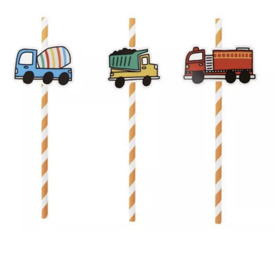 20 Paper Straws Striped Orange/White Straws Transportation Construction Party