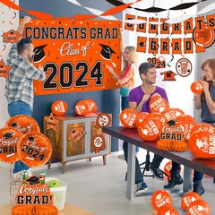 (2 Sets) Orange 2024 Graduation Decorations – Congrats Grad Banner & Party Sup..