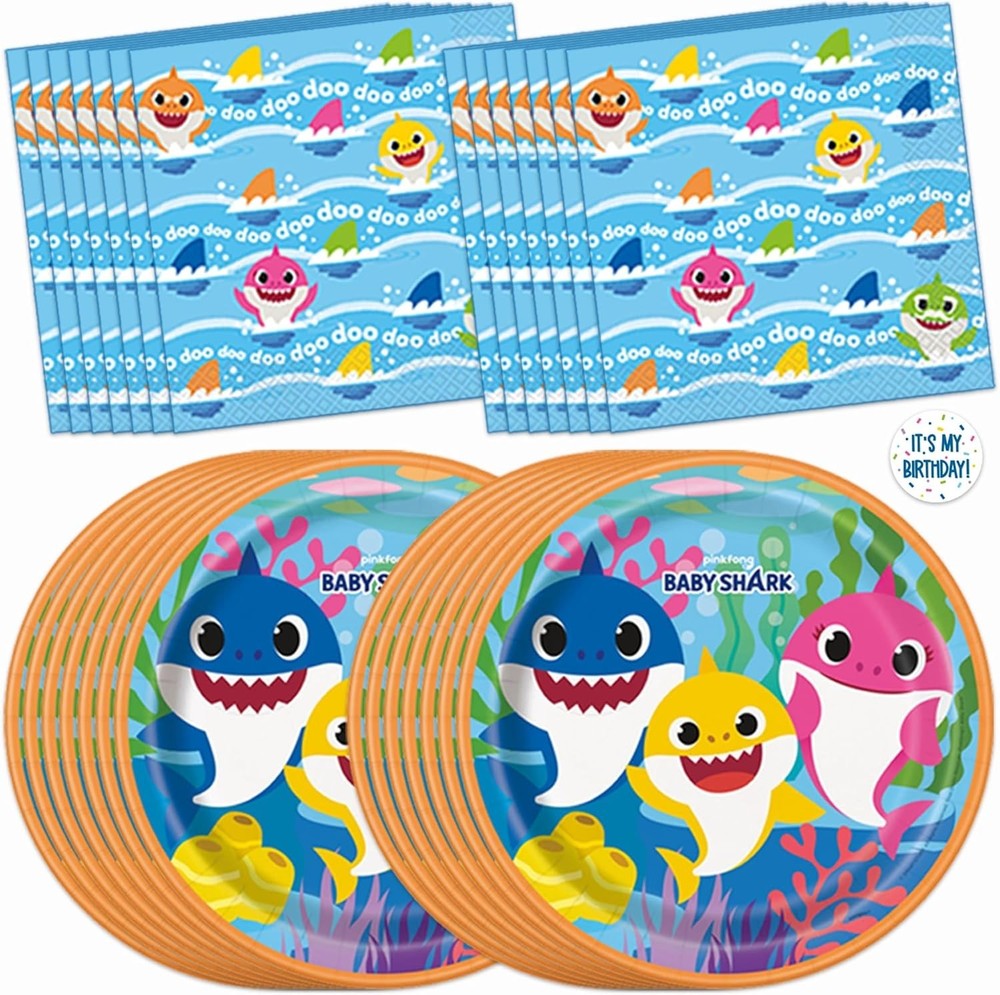 Baby Shark Disposable Birthday Party Plates, Napkins, Sticker (Serves 16 Guests)