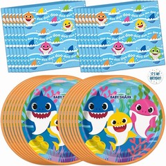 Baby Shark Disposable Birthday Party Plates, Napkins, Sticker (Serves 16 Guests)