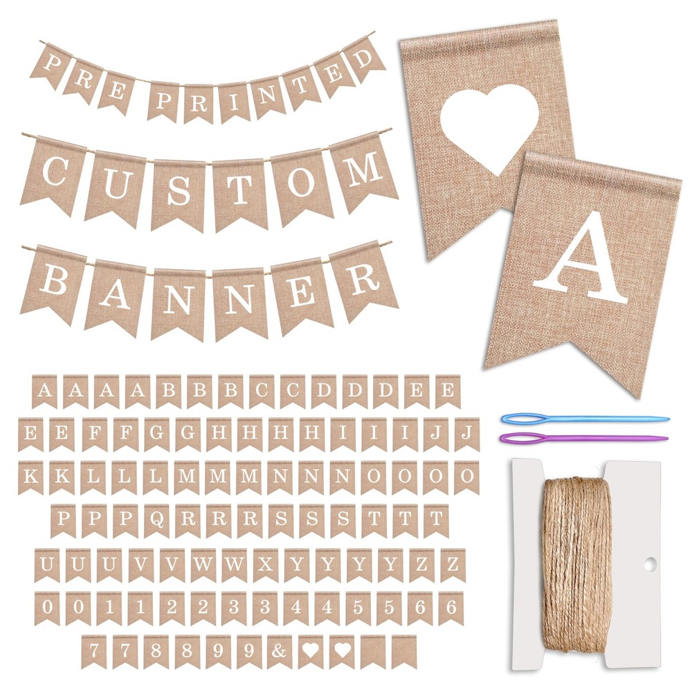 Pre-Printed Banner Kit – 97 BURLAP Flags with WHITE Letters, Numbers & Symbol…