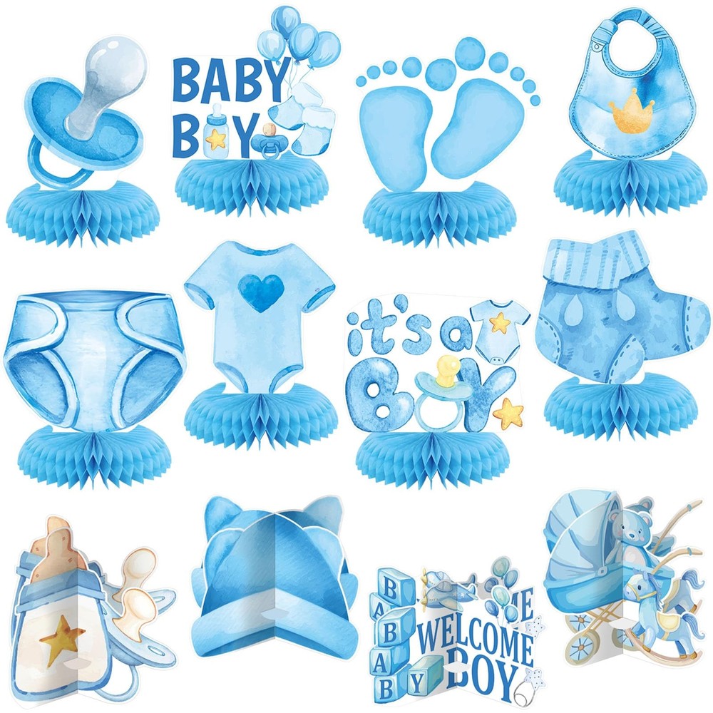 Centros de mesa de nido de abeja para baby shower de niño, decoración mesa azul