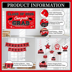Graduation Decorations Red and Black Party Decor Set Include Congrats Grad