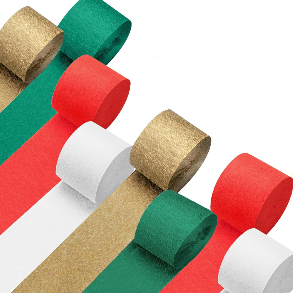 Crepe Paper Streamers 8 Rolls 656 ft,Green, Red, Gold, White Party-Decorations C