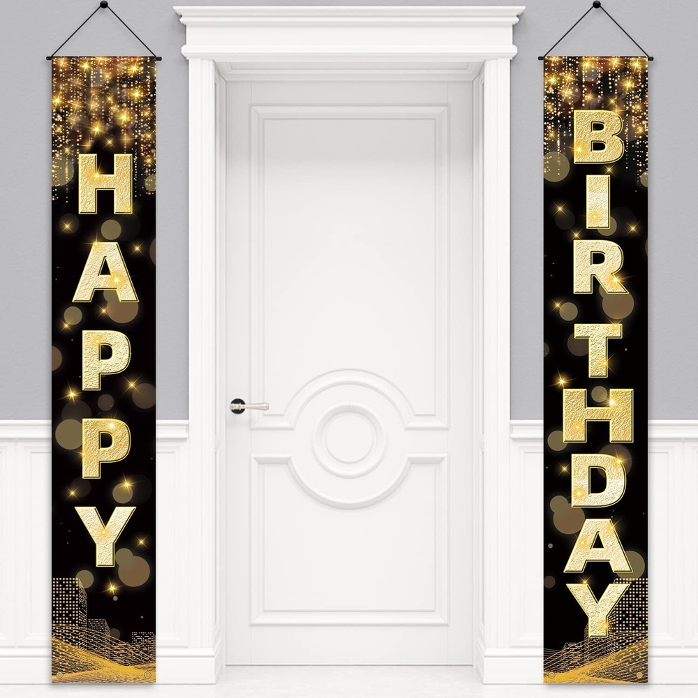 Happy Birthday Decorations Banner for Men Women Boys Girls, Black Gold Birthd…