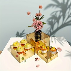 Golden Acrylic Cake Stand Set–Modular Dessert Box for Birthday, Wedding, Party
