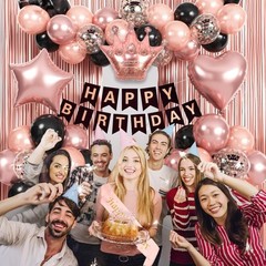 Rose Gold Birthday Decorations – Black & Rose Gold Balloons, Happy Birthday B…