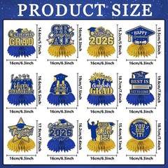 12Pcs Blue and Gold Graduation Decorations 2026 Honeycomb Centerpieces