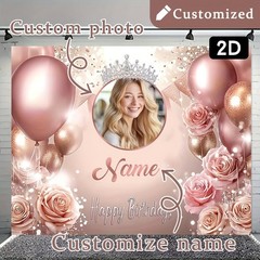 1pc Flower Crown Custom Birthday Banner Personalized Name Photo Party Backdrop♪