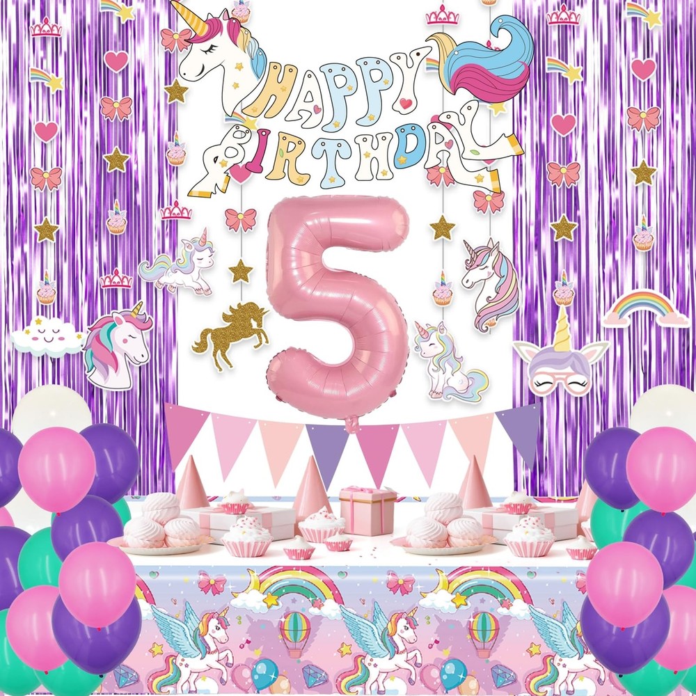 5th Girl Unicorn Party Decorations set, 5 Year Old Party Supplies for Girls w…