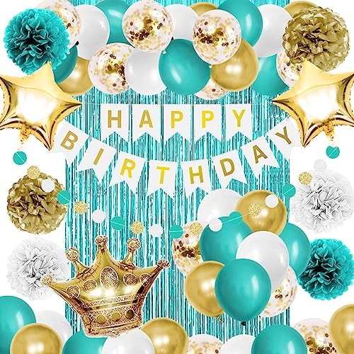 Teal Blue and Gold Birthday Party Decorations Happy Birthday Banner Turquoise