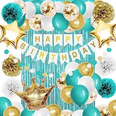 Teal Blue and Gold Birthday Party Decorations Happy Birthday Banner Turquoise