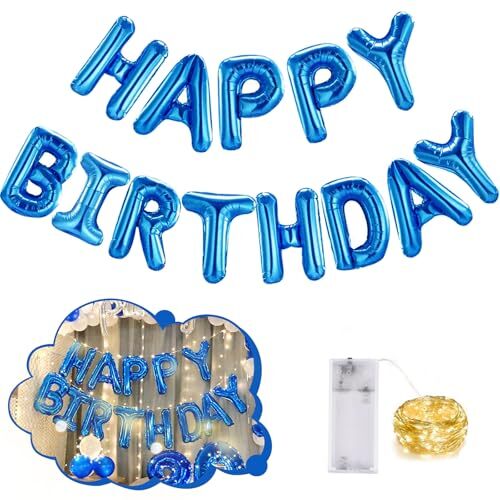 Happy Birthday Banner 13pcs 16 Inch Mylar Foil Balloon & Light string Blue