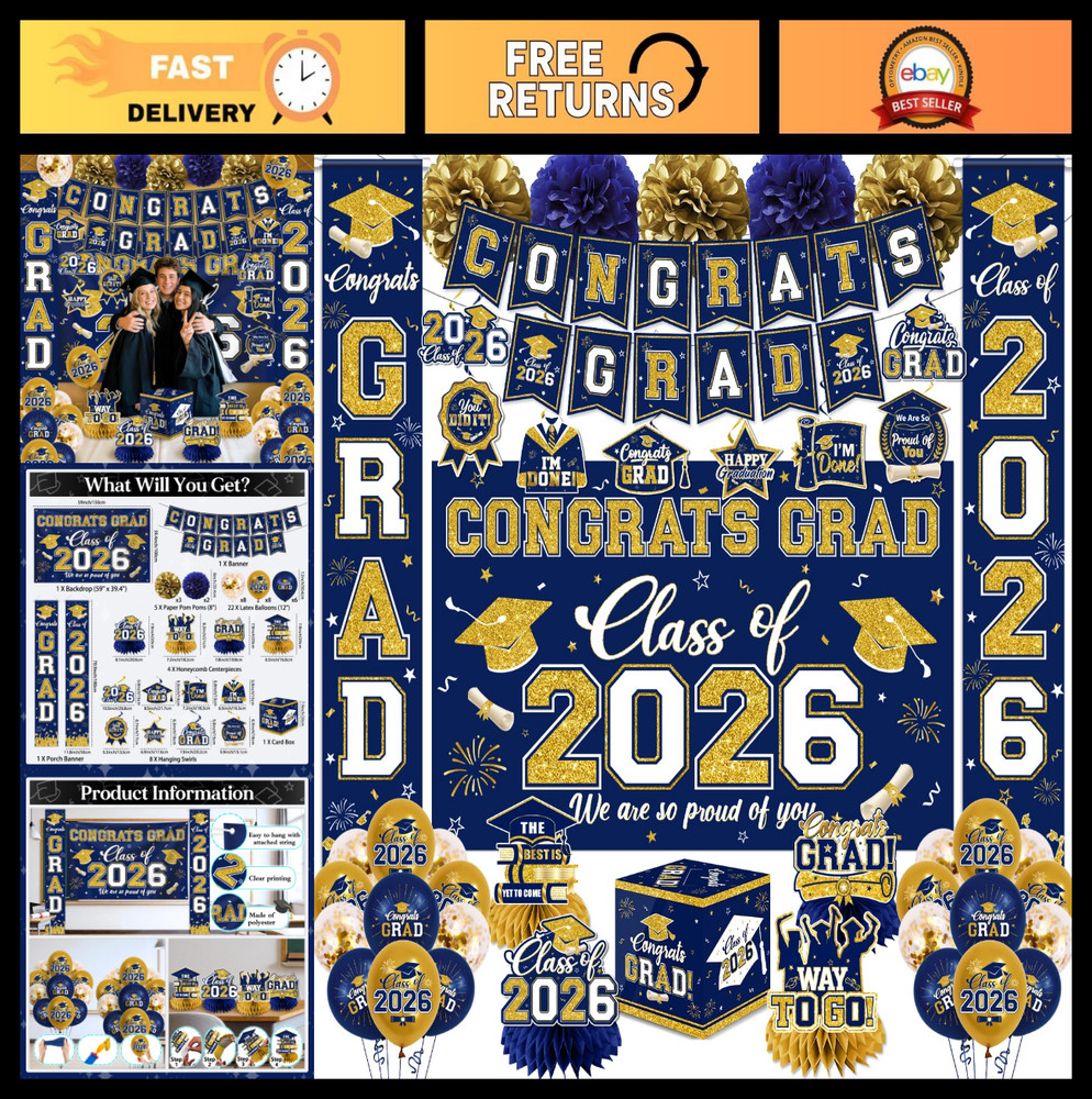 Navy Blue & Gold Graduation Decorations 2026 Set – Congrats Grad Banner, Balloon