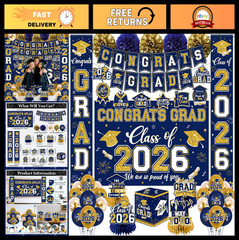 Navy Blue & Gold Graduation Decorations 2026 Set – Congrats Grad Banner, Balloon