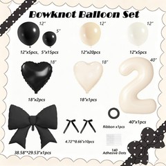 Black Bow 2nd Decorations, White Sand Black Balloons with Bow Heart Number 2 …