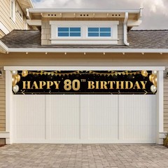 Large Happy 80th Birthday Decoration Banner, Black and Gold Happy 80th Birthd…
