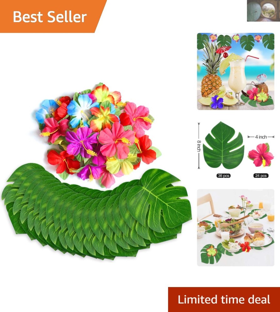 60 Tropical Hibiscus Flowers & Palm Leaves for Hawaii Themed Celebrations