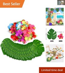 60 Tropical Hibiscus Flowers & Palm Leaves for Hawaii Themed Celebrations