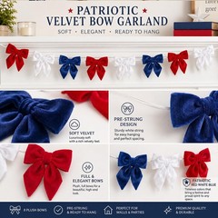 Independence Day Decorations – 6.5 Ft Red White Blue Velvet Bow Garland – Pat…