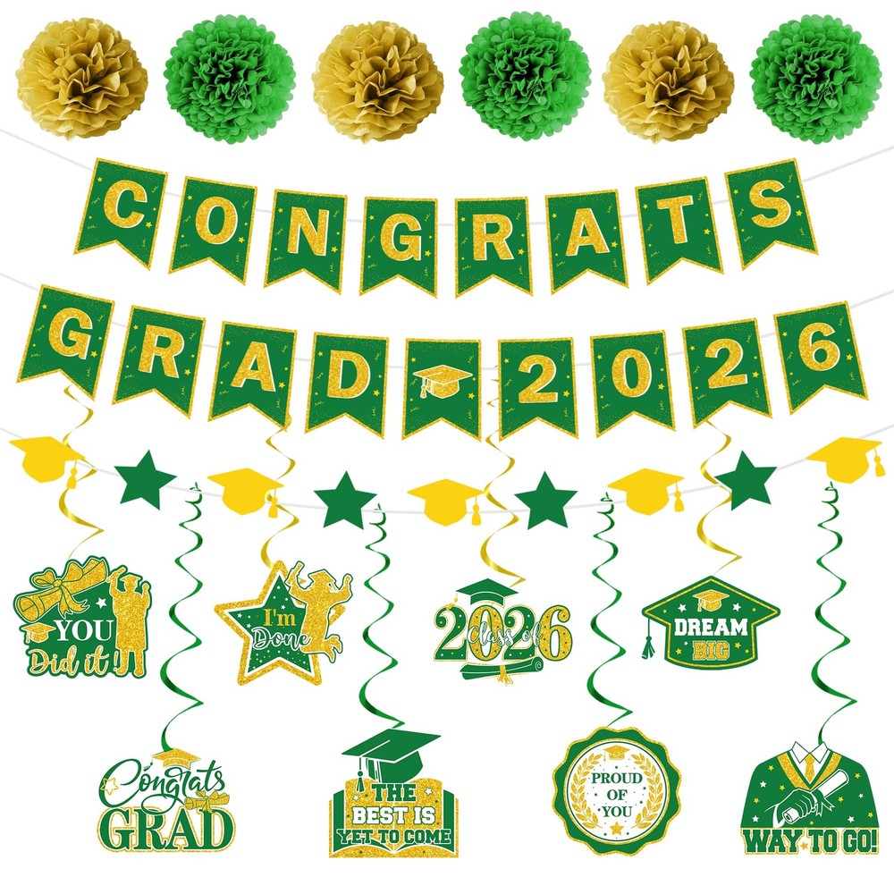Graduation Party Decorations 2026 – 17 Pcs Green and Gold Congrats Grad Themed