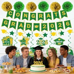 Graduation Party Decorations 2026 – 17 Pcs Green and Gold Congrats Grad Themed