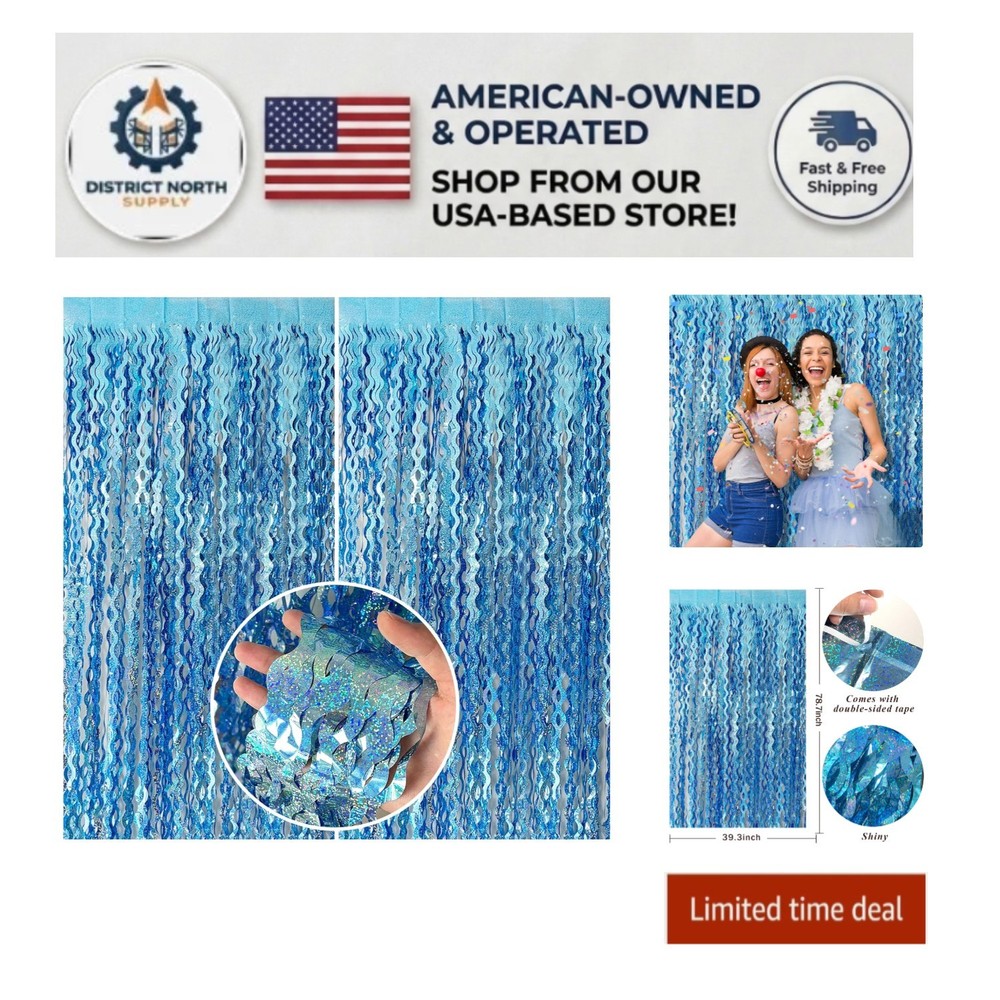 Sparkling Light Blue Foil Fringe Curtains 2 Count – Ideal for Any Celebration
