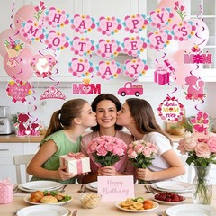 Happy Mother’s Day Decorations Banner and Hanging Swirls,Pink Flower Mothers Day