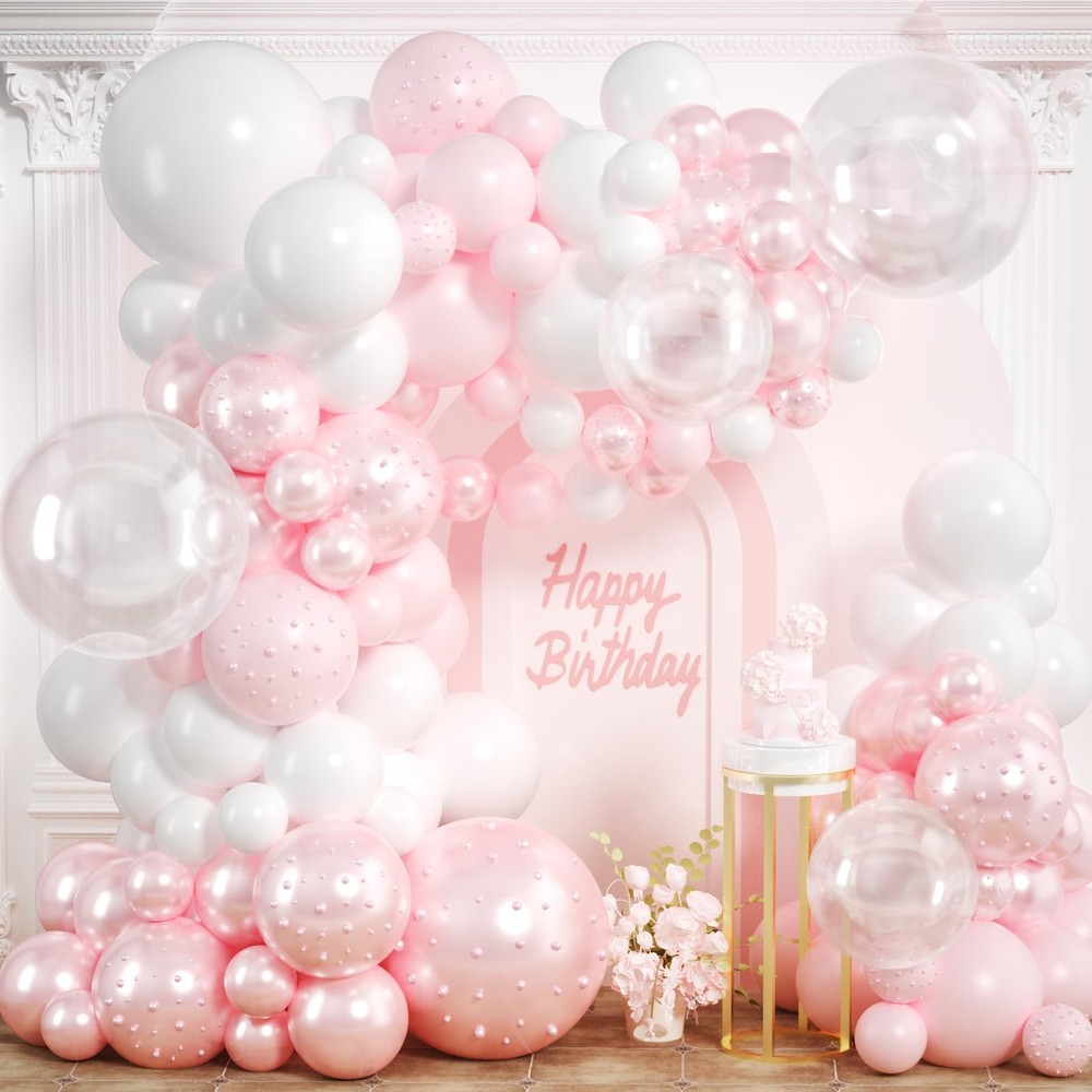 Pink Balloon Arch Kit 177Pcs Double Stuffed Pearl & White Balloons – Wedding