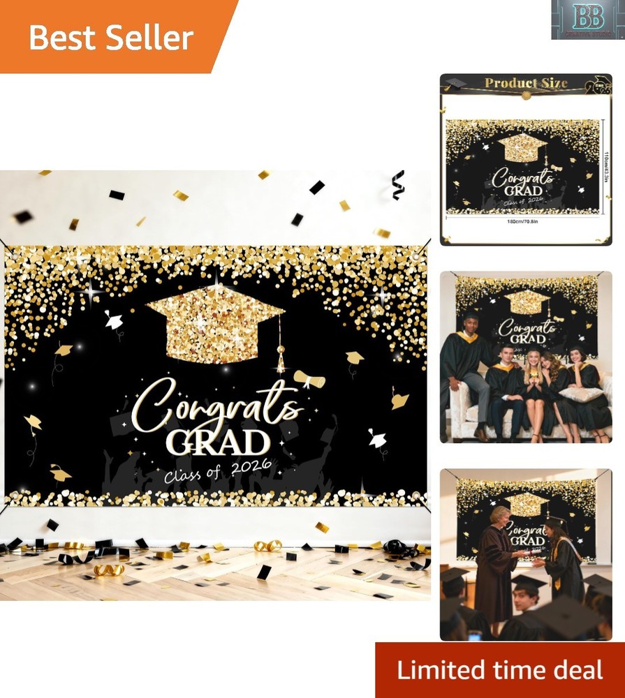 Class of 2026 Graduation Backdrop – Tear-Resistant Black and Gold Banner 71″x43″