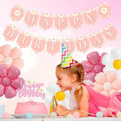Pink Daisy Flower Party Decorations Set with Happy Birthday Banner Cake Topper 6