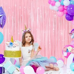 2 Pack Pastel Pink Metallic Tinsel Foil Fringe Curtains, Door Streamers Photo…
