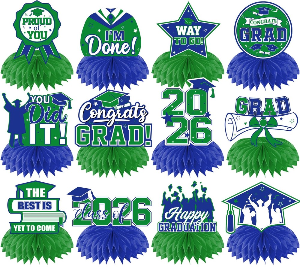 12 PCS Class Of 2026 Graduation Honeycomb Table Centerpiece Green Blue