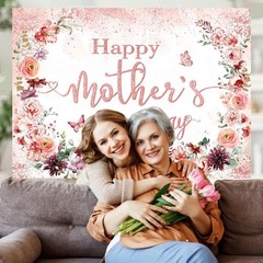 Happy Mother’s Day Banner Backdrop Mothers Day Photo Backdrop Pink Flowers Mothe