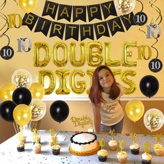 Double Digits 10th Birthday Decorations Black and Gold for Boys Girls, Double…