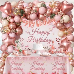 Rose Gold Birthday Decorations Set – 15 Balloons, Tablecloth, Backdrop, Banner