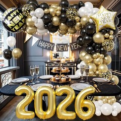 Happy New Year Balloon Arch, Black White and Gold Balloon Garland Kit with Ne…