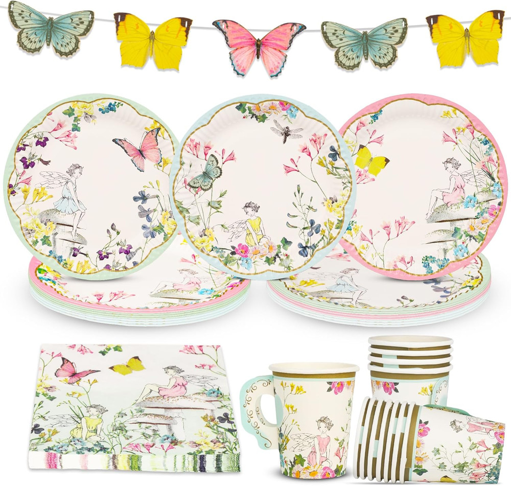 50Pcs Fairy Party Wildflower Decorations Disposable Tableware Butterfly Bunting,
