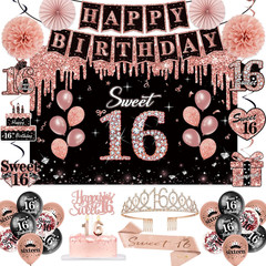 Sweet 16 Birthday Party Decorations for Girls 52Pcs PRE-STRUNG Rose Gold Black