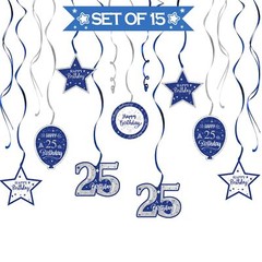15 PCS Blue & Silver 25th Birthday Glitter Swirls Streamers Hanging Decorations