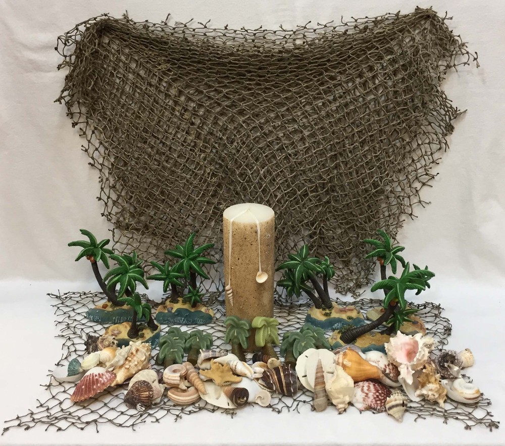 Beach Party Decor Table Fish Net Centerpiece Sea Shell Palm Tree Candle HUGE Lot