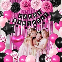 Pink & Black Birthday Party Decor – Happy Birthday Banner, Balloons, Pom Poms, C