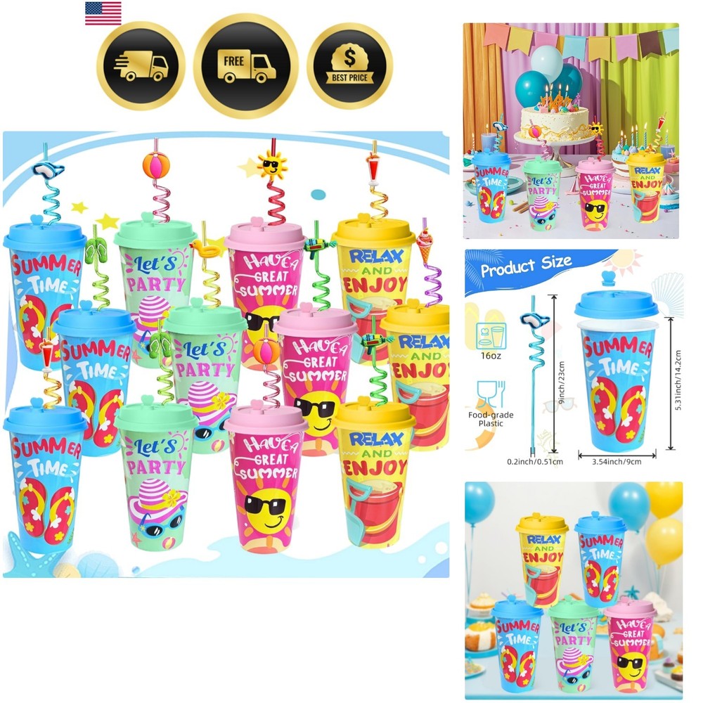 Summer Pool Party Cups Set 24 Reusable Plastic Cups With Lids Straws