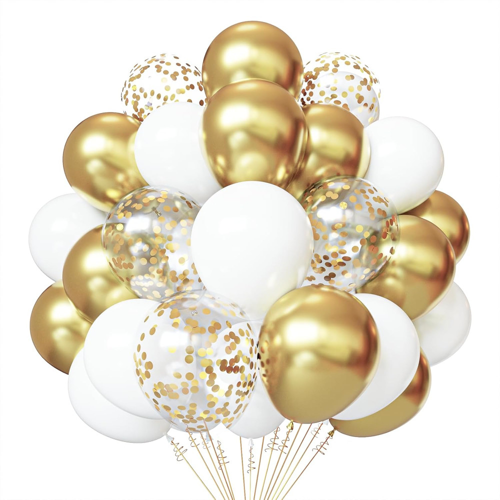 White and Gold Confetti Latex Balloons, 50 Pack 12 Inch Gold and White Party Bal