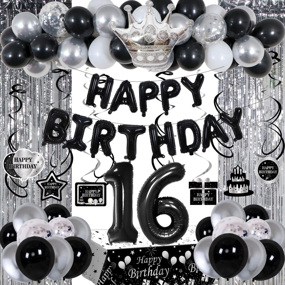 Black and Silver 16th Birthday Decorations for Boys Girls, Black and White 16…