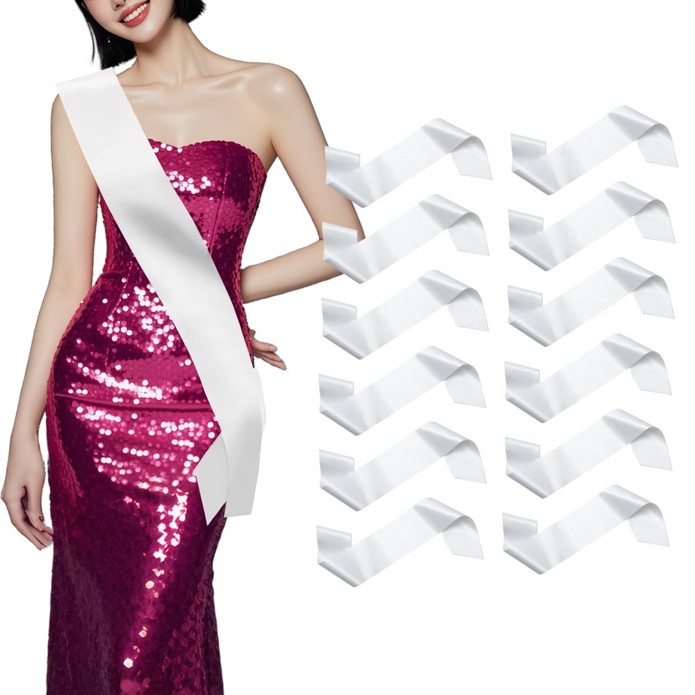 12 PCS White Blank Satin Sashes Plain Party Accessory DIY Graduation Wedding